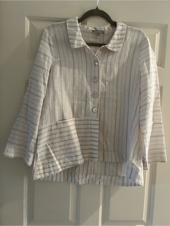 Habitat Tops - Habitat Cream and Tan Striped Button-Front Womens Top